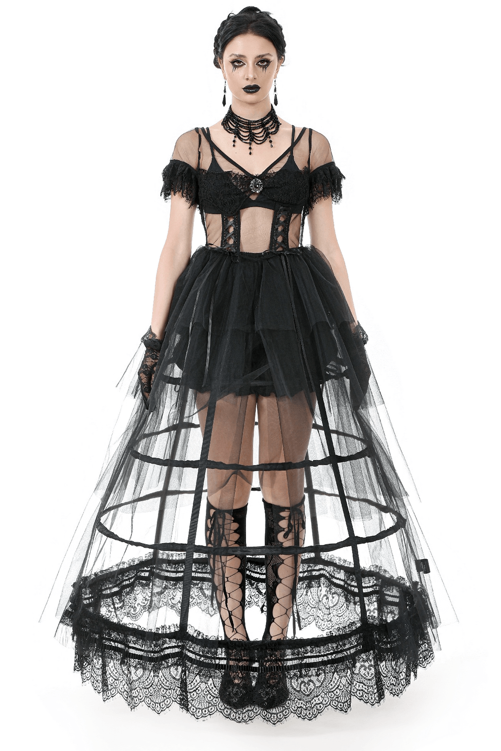 Elegant black gothic dress with lace details and layered tulle skirt, perfect for dramatic evening wear.