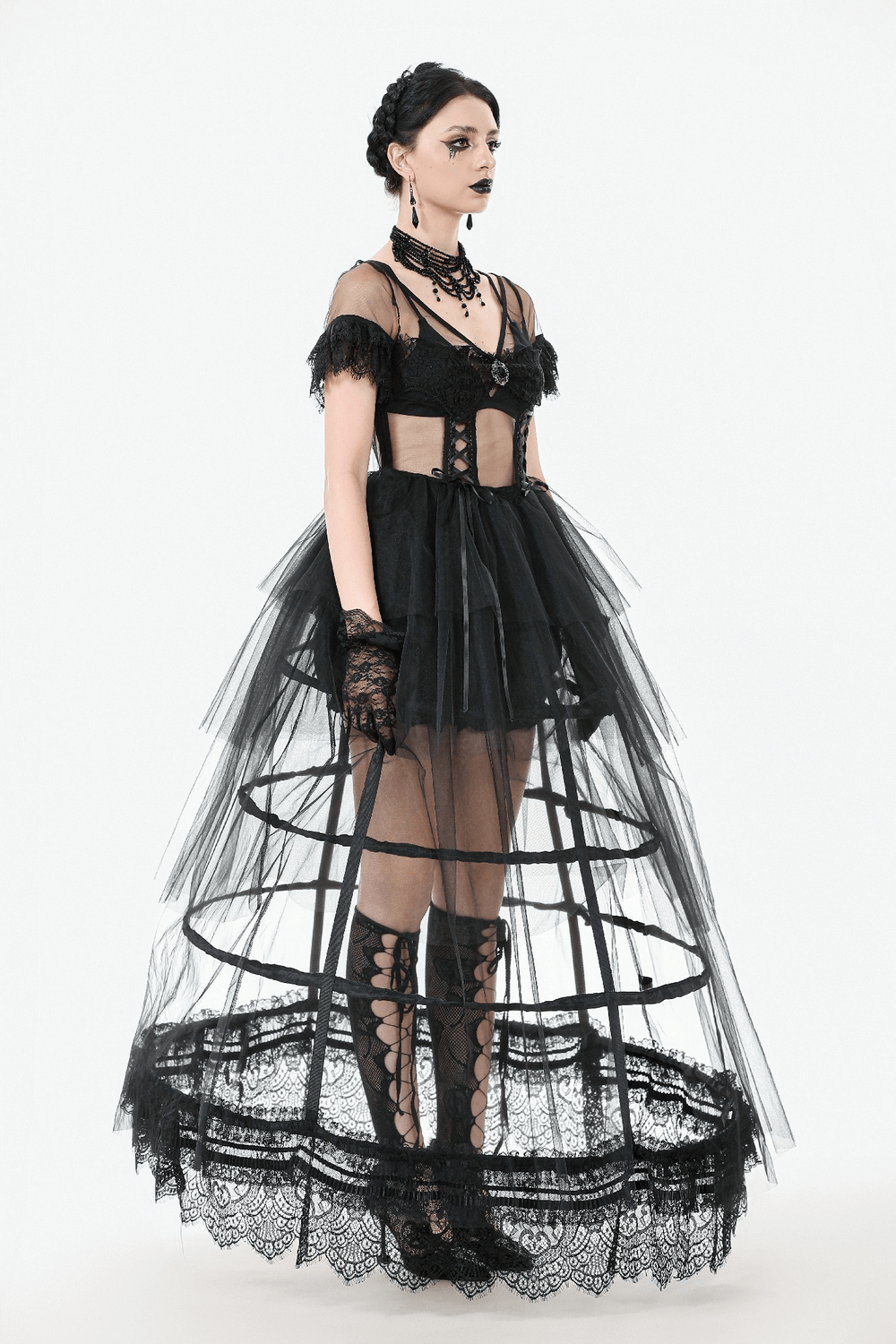 Elegant black gothic dress with lace details and layered tulle skirt, perfect for dark-themed events.