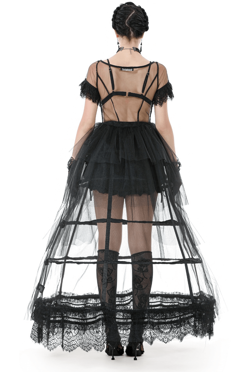 Back view of a sexy black tulle gothic dress with lace details, featuring a layered skirt and elegant silhouette.