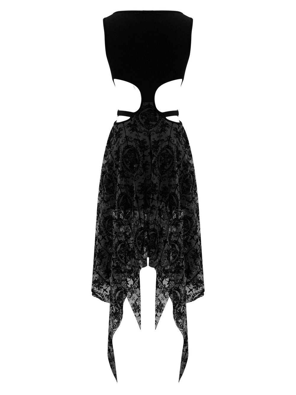 Gothic black vintage dress with asymmetrical cut and metal heart accents on straps, perfect for stylish occasions.