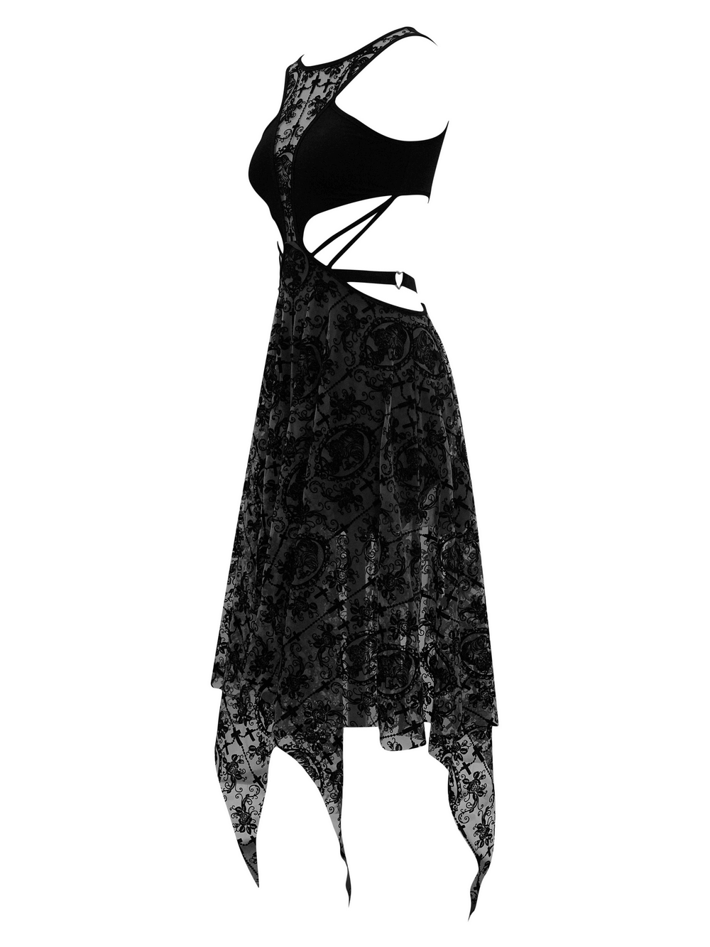 Gothic black vintage dress with asymmetrical cut and metal heart straps, perfect for unique fashion statements.