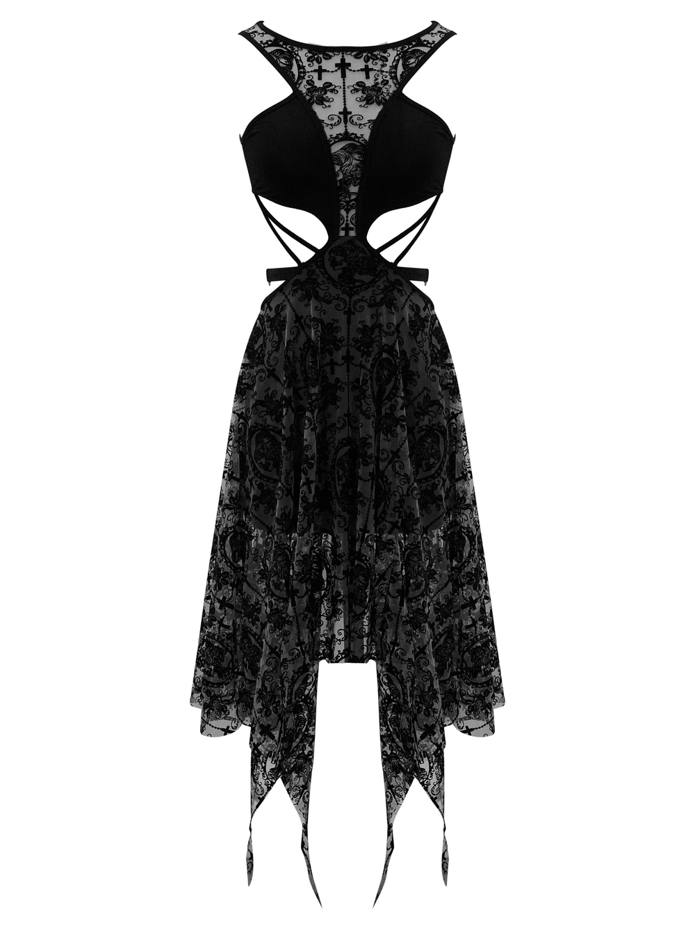 Asymmetrical black vintage dress with gothic patterns and metal heart straps for a stylish, elegant look.