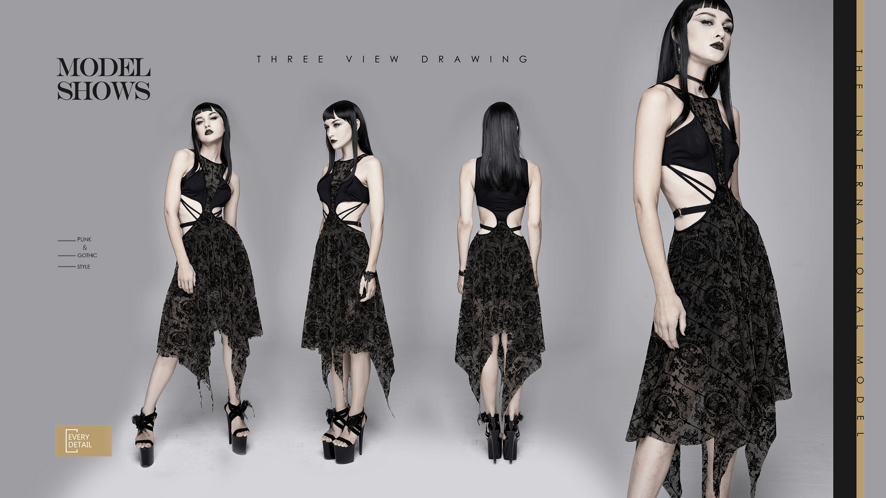 Three view drawing of a gothic women's black vintage dress with metal hearts on straps and asymmetrical cut.