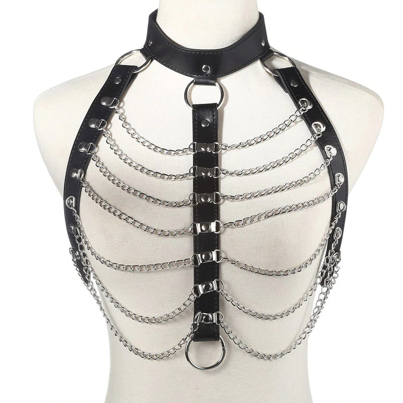 Gothic women's body chest harness with chains, perfect for alternative fashion and edgy outfits.
