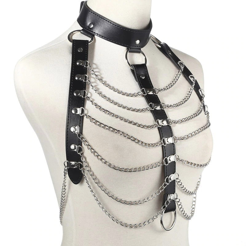 Gothic body chest harness for women with chains, perfect for alternative fashion looks.
