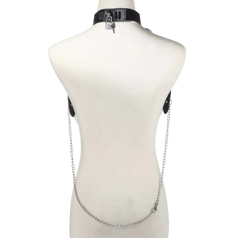 Back view of a sexy women's Gothic body harness featuring multiple zinc alloy chains, perfect for alternative fashion.