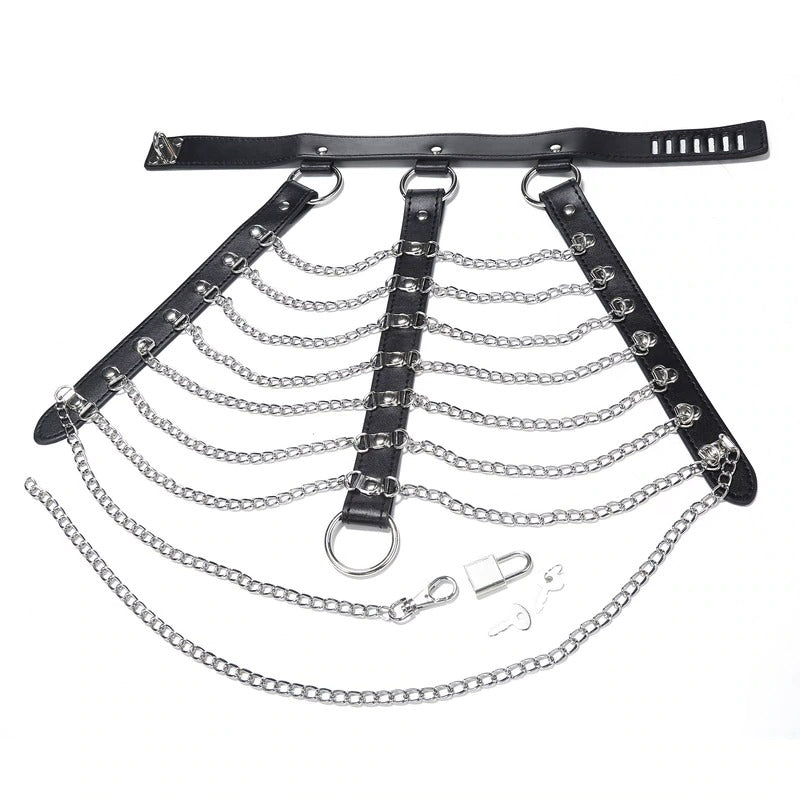 Gothic women’s body chest harness with multiple silver chains and black straps for an edgy fashion accessory.