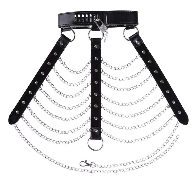 Gothic women's body chest harness featuring multiple zinc alloy chains for an edgy, alternative fashion look.