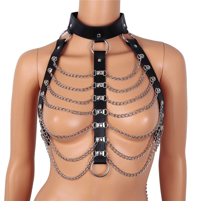 Sexy Gothic women's chest harness with chains and rings, perfect for alternative fashion outfits.