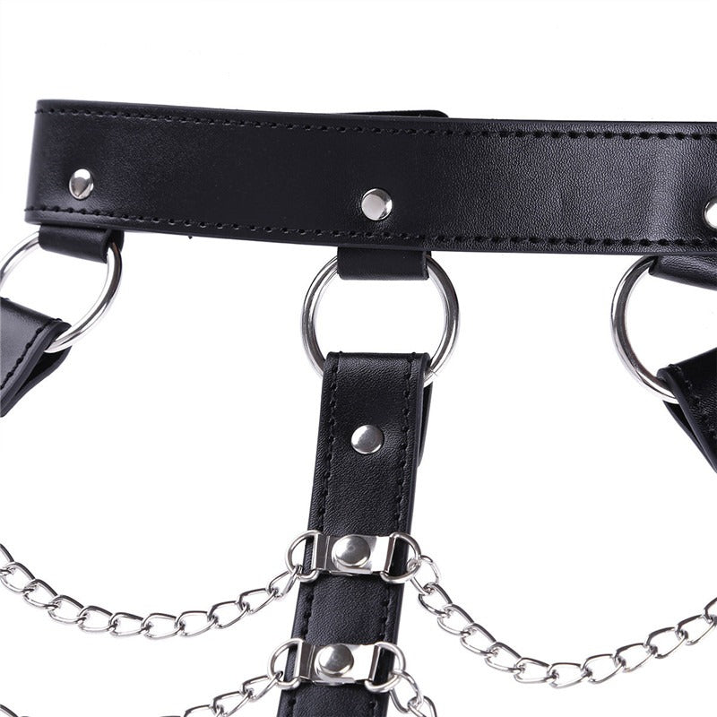 Gothic-style women's chest harness with zinc alloy chains and black faux leather accents.