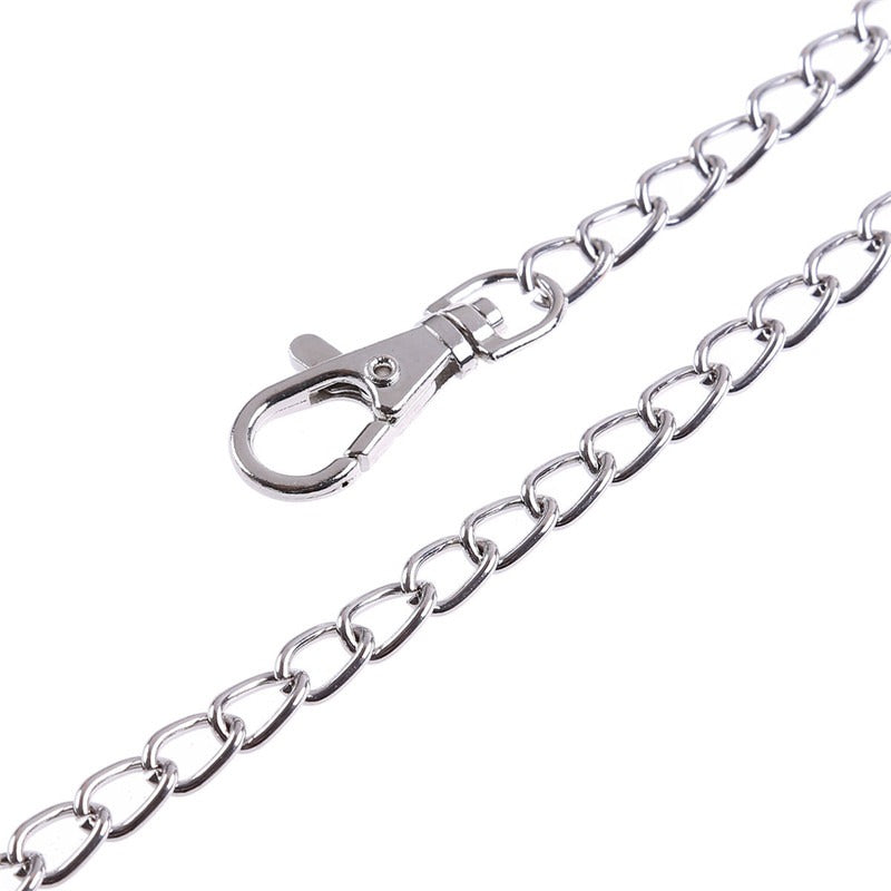 Close-up of a silver zinc alloy chain with a clasp, perfect for Gothic style body harness accessories.
