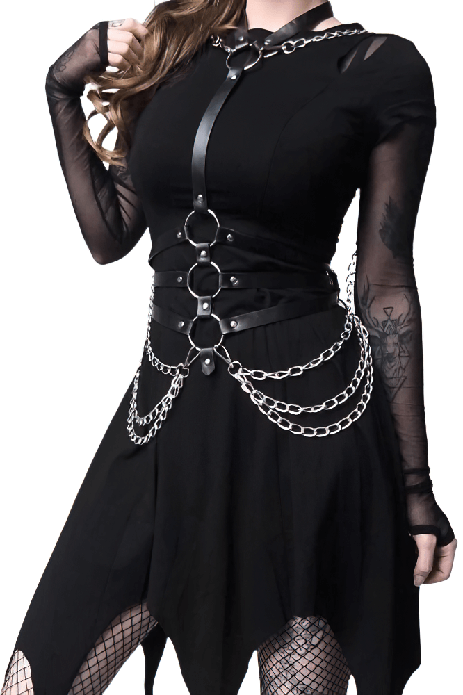Gothic style sexy body harness for women featuring chains and rings, paired with a stylish black dress.