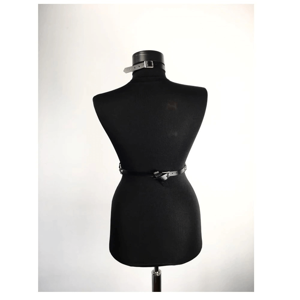 Back view of a sexy gothic PU leather body harness on a dress form showcasing adjustable straps and metallic elements.