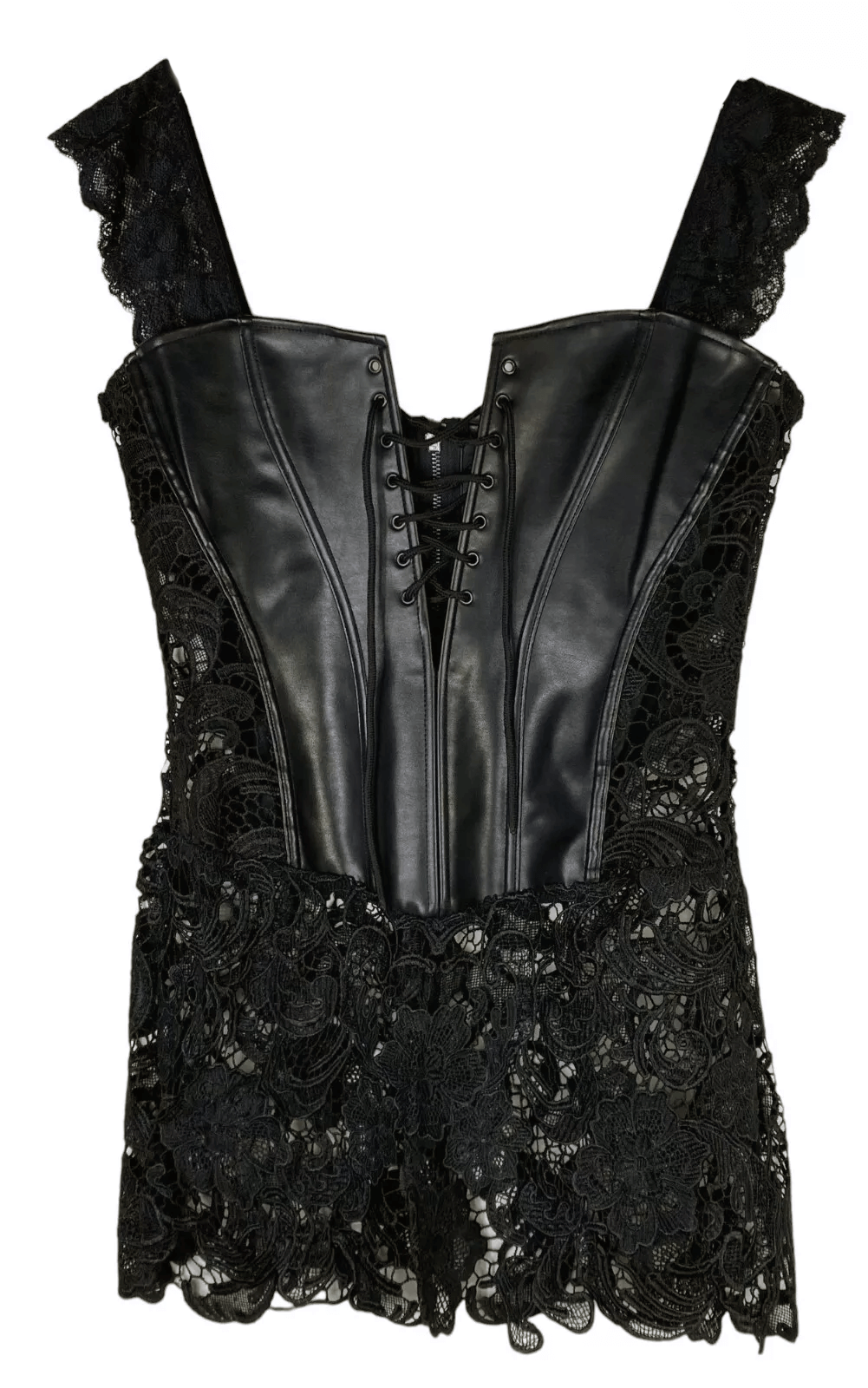 Gothic lace sexy body bustier with adjustable straps, romantic black lace design and stylish leather detailing.