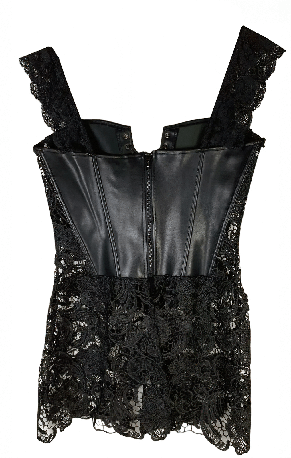 Gothic black lace and leather overbust corset with adjustable straps and elegant detailing.