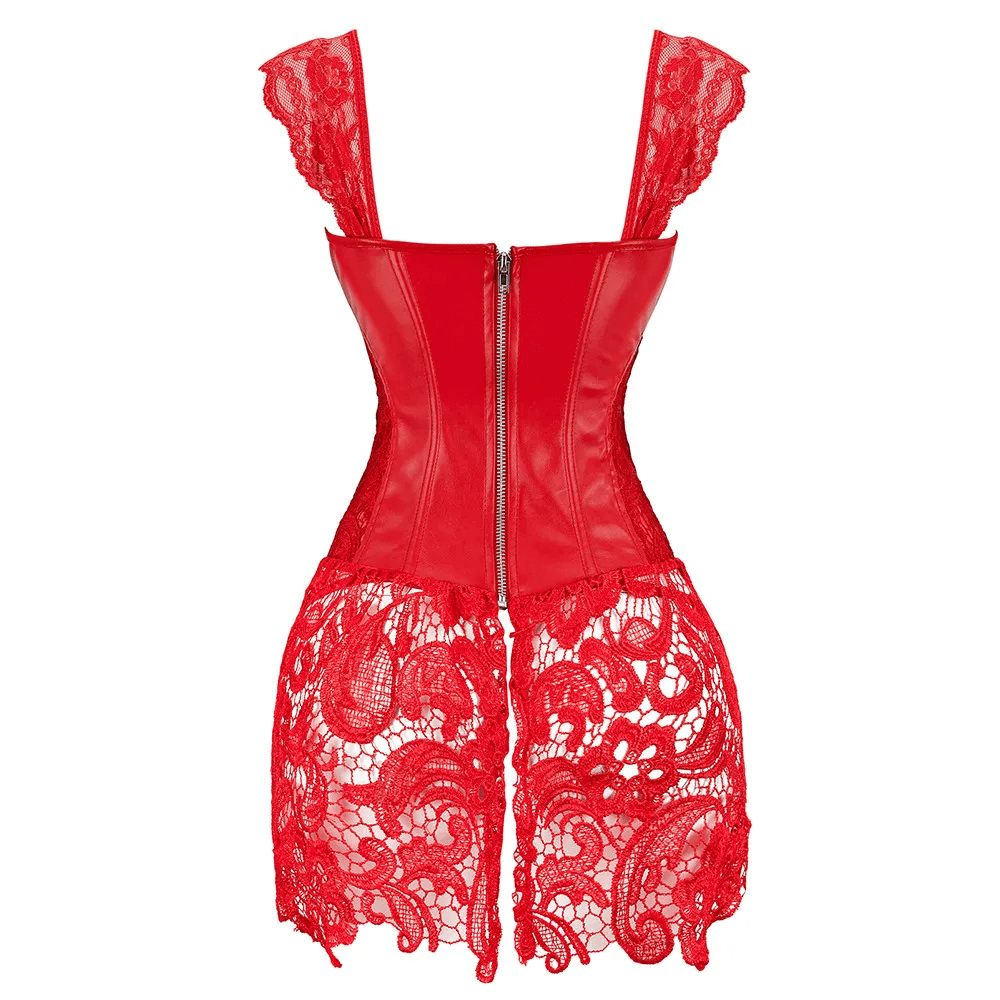 Gothic lace sexy body bustier in red, featuring adjustable straps and a stylish zip closure for a romantic look.