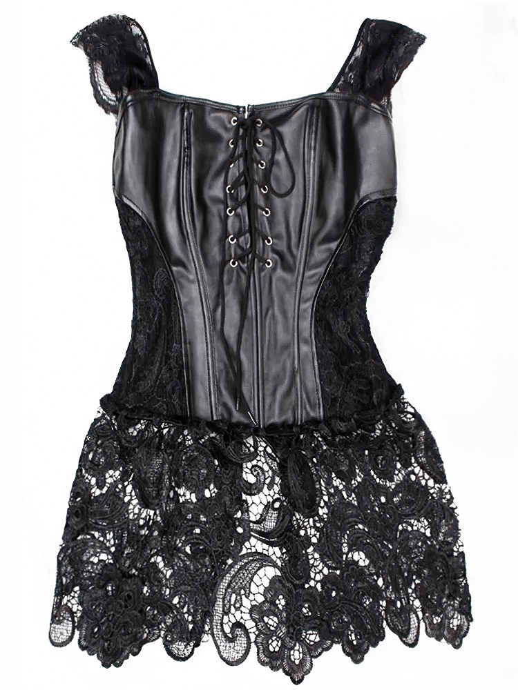 Gothic sexy body bustier with lace overlay, featuring adjustable straps and lace-up front detail.