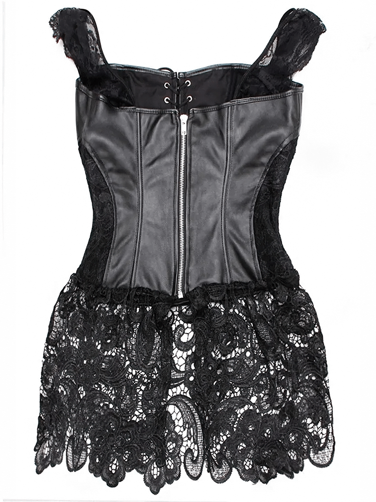 Sexy Gothic lace and leather overbust corset dress, perfect for romantic and chic occasions.