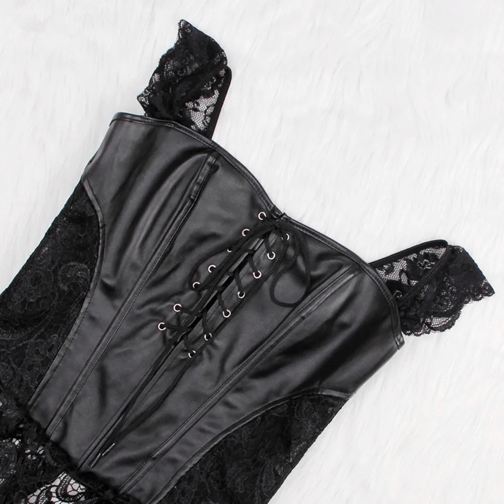 Sexy gothic lace overbust corset with adjustable straps, featuring a sleek black design and intricate lace detailing.