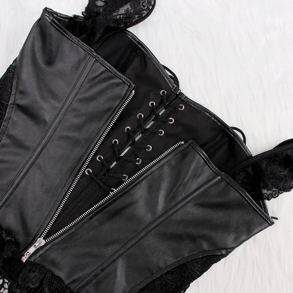 Close-up of a gothic lace body bustier with adjustable straps and intricate zipper detail.