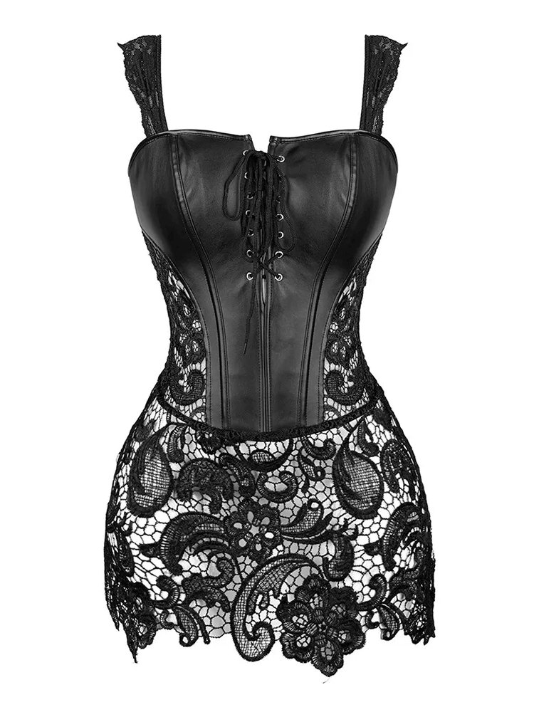 Sexy black Gothic lace body bustier with adjustable straps, perfect for a romantic and fashionable look.