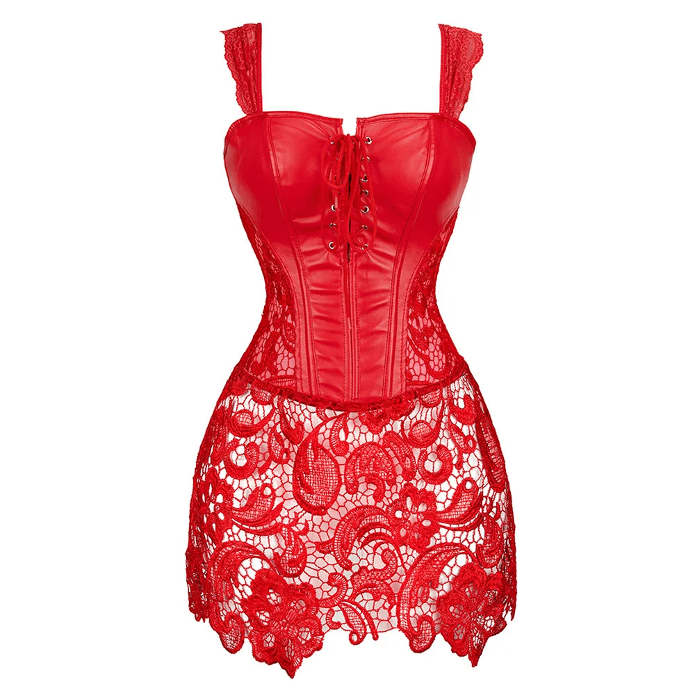 Bold red gothic lace body bustier corset, featuring adjustable straps and romantic design for a chic and alluring look.