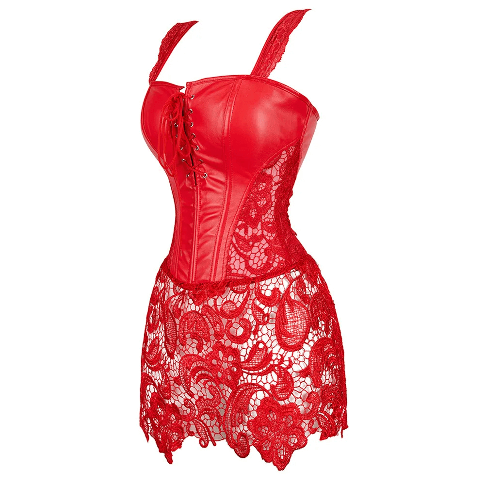 Gothic sexy red lace body bustier, featuring adjustable straps and intricate lace detail for a romantic look.