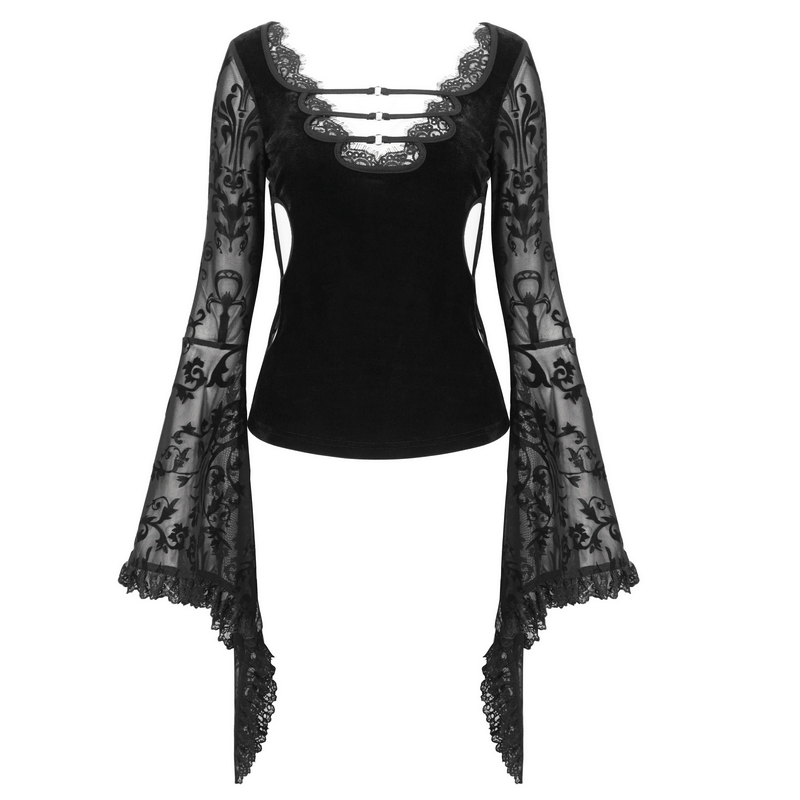 Elegant black lace top with flared sleeves and deep neckline for a vintage-inspired look.