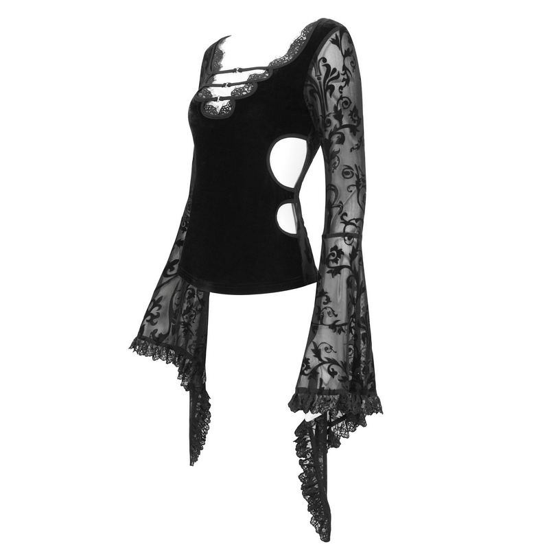 Women's sexy black lace top with flared sleeves and vintage floral design, perfect for a stylish look.