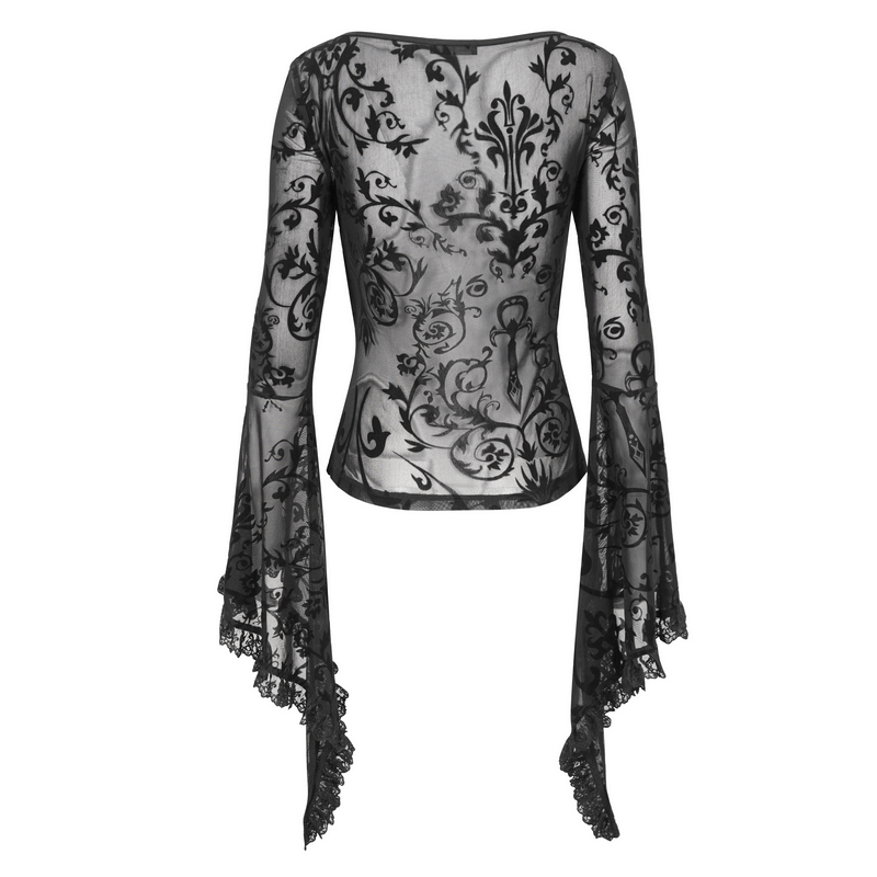 Sexy Deep V-Neck Lace Top With Flared Sleeves / Vintage Floral Pattern ...