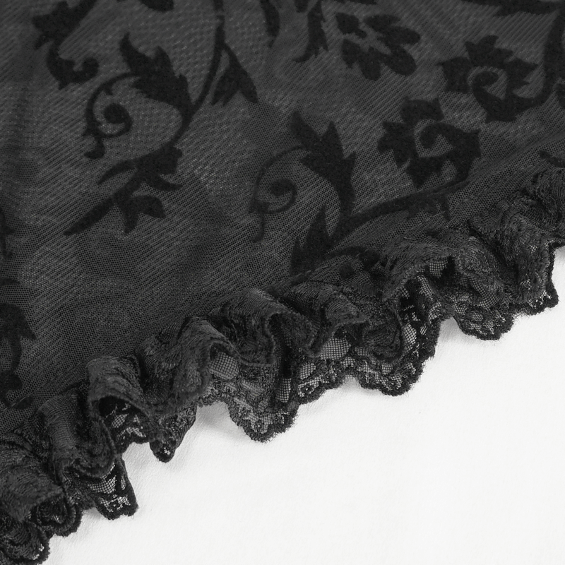 Elegant black lace detail with floral pattern and delicate ruffled edges, perfect for vintage style fashion.