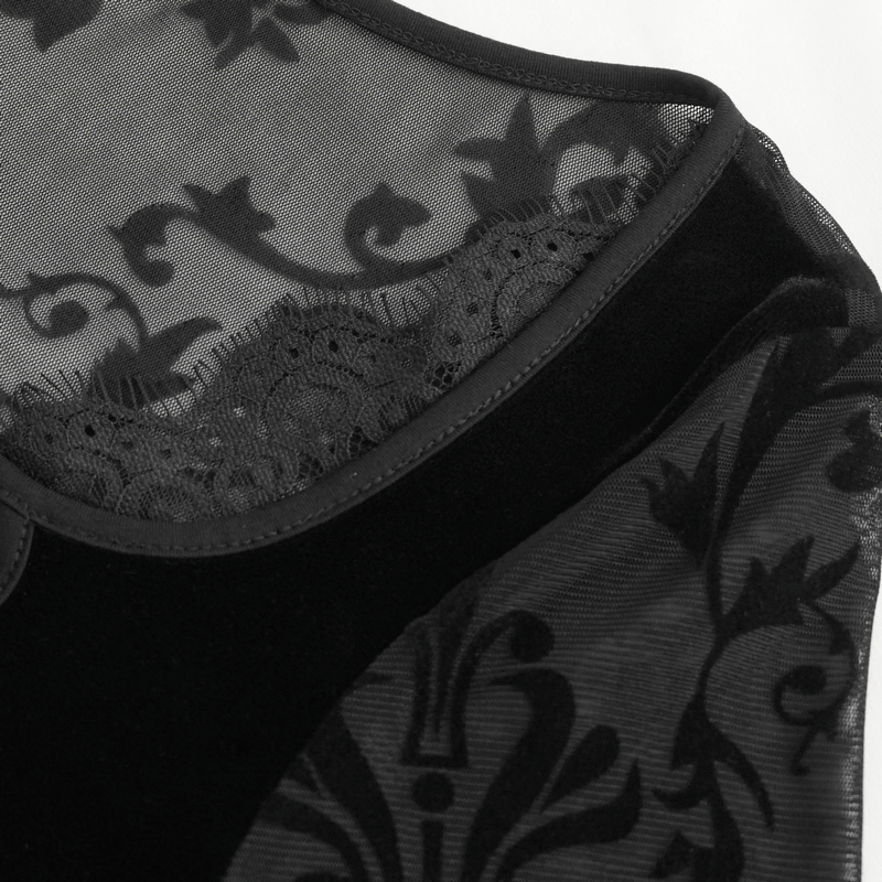 Close-up of black lace and floral mesh detailing on a sexy deep v-neck top, showcasing elegance and vintage charm.