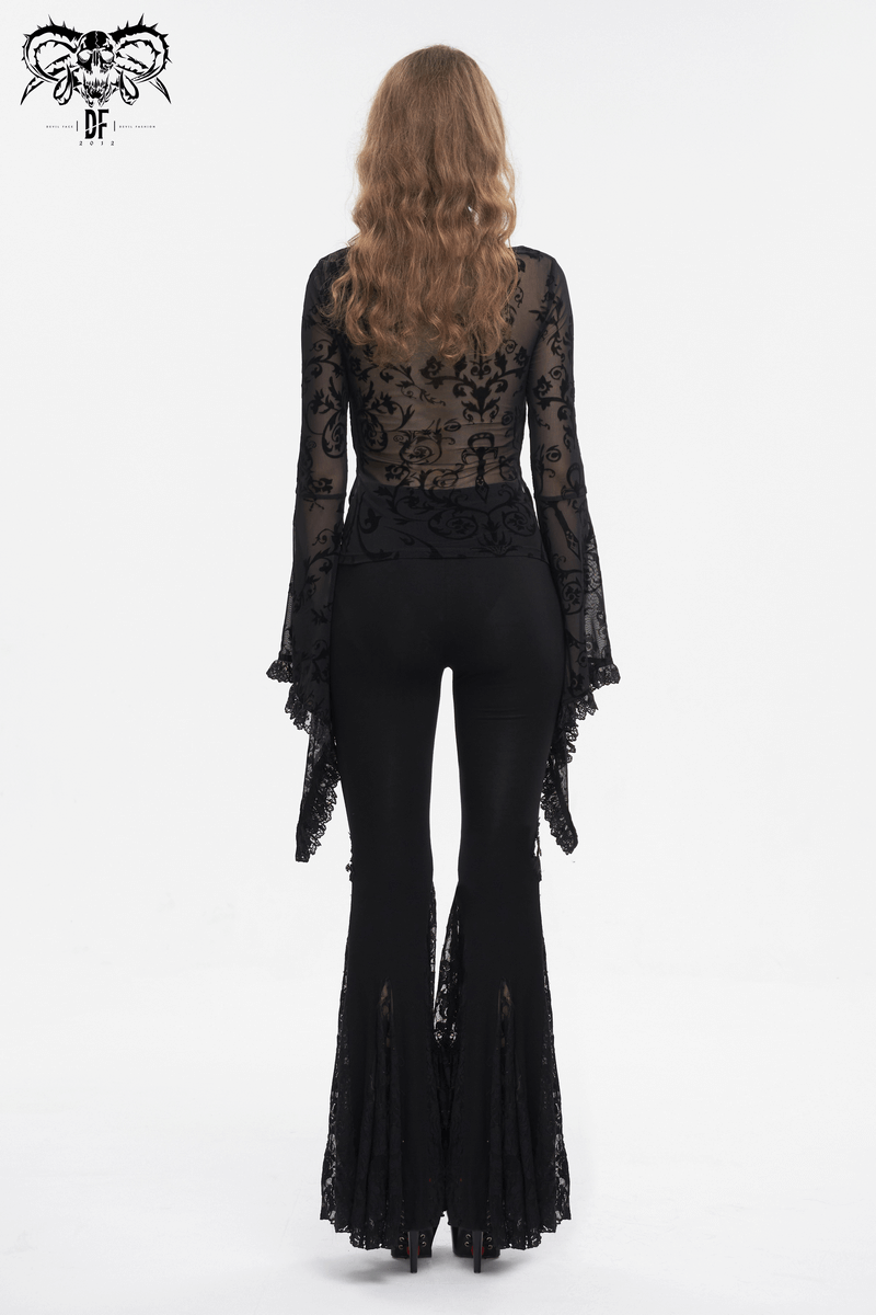 Sexy Deep V-Neck Lace Top With Flared Sleeves / Vintage Floral Pattern Tops - HARD'N'HEAVY