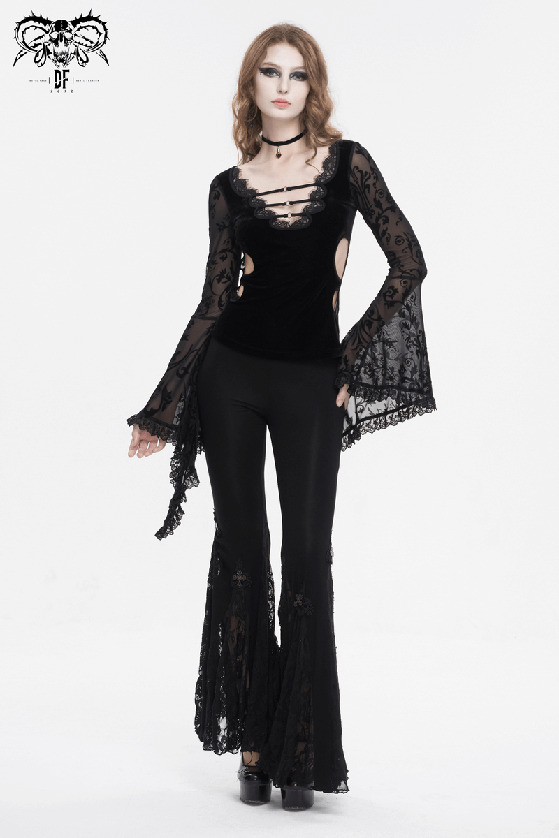 Women's sexy deep v-neck lace top with flared sleeves and vintage floral pattern, paired with stylish black flared pants.
