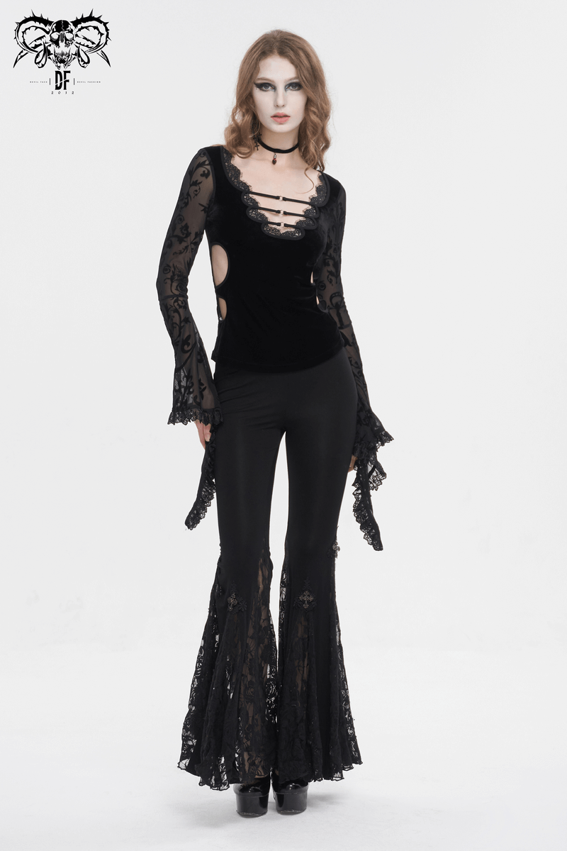 Model wearing a sexy deep v-neck lace top with flared sleeves and black pants, showcasing vintage floral elegance.