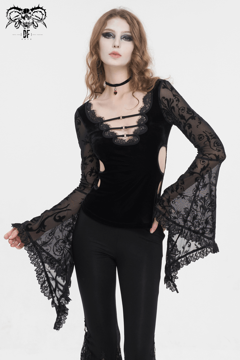 Sexy Deep V-Neck Lace Top With Flared Sleeves / Vintage Floral Pattern Tops - HARD'N'HEAVY