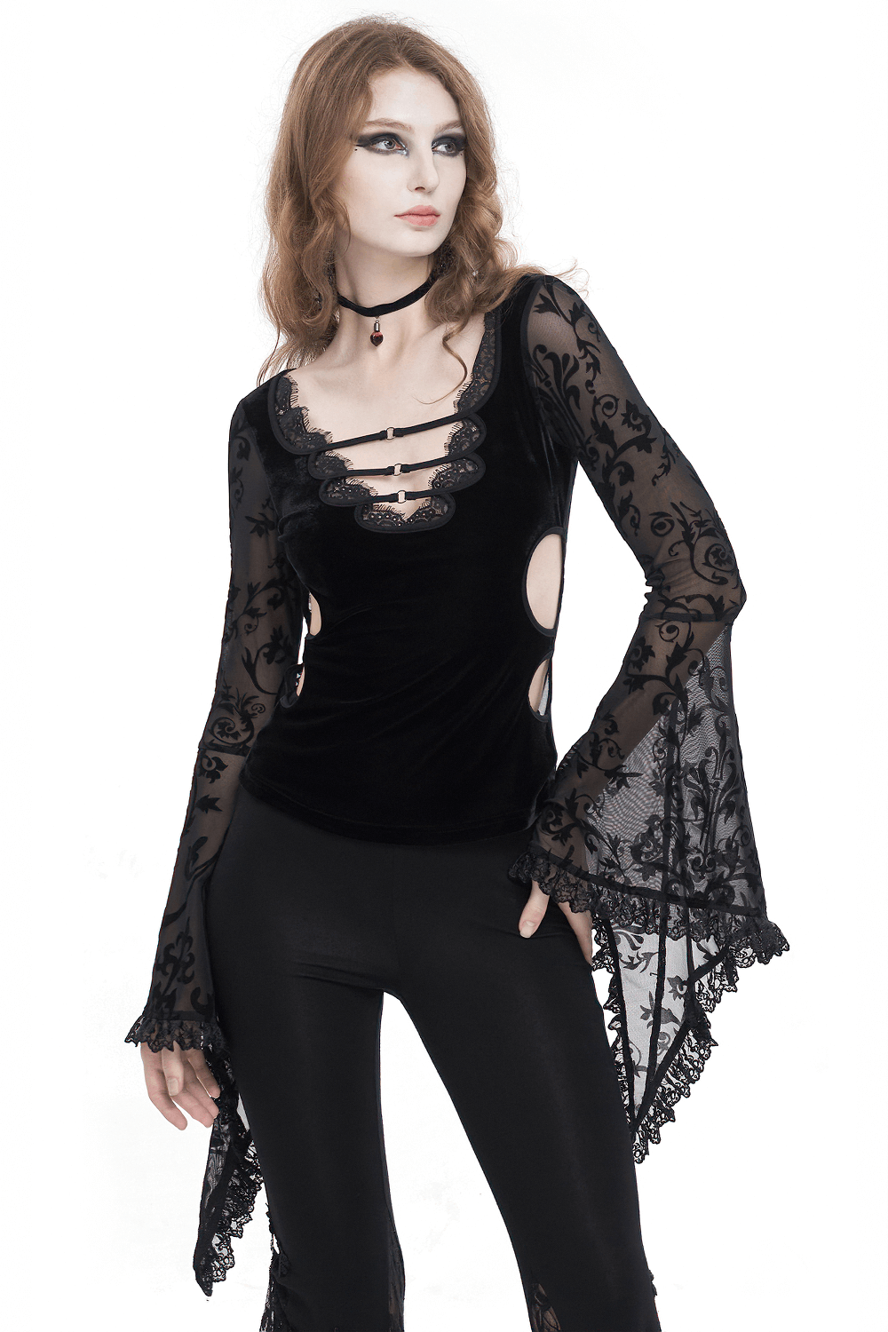 Sexy Deep V-Neck Lace Top With Flared Sleeves / Vintage Floral Pattern ...