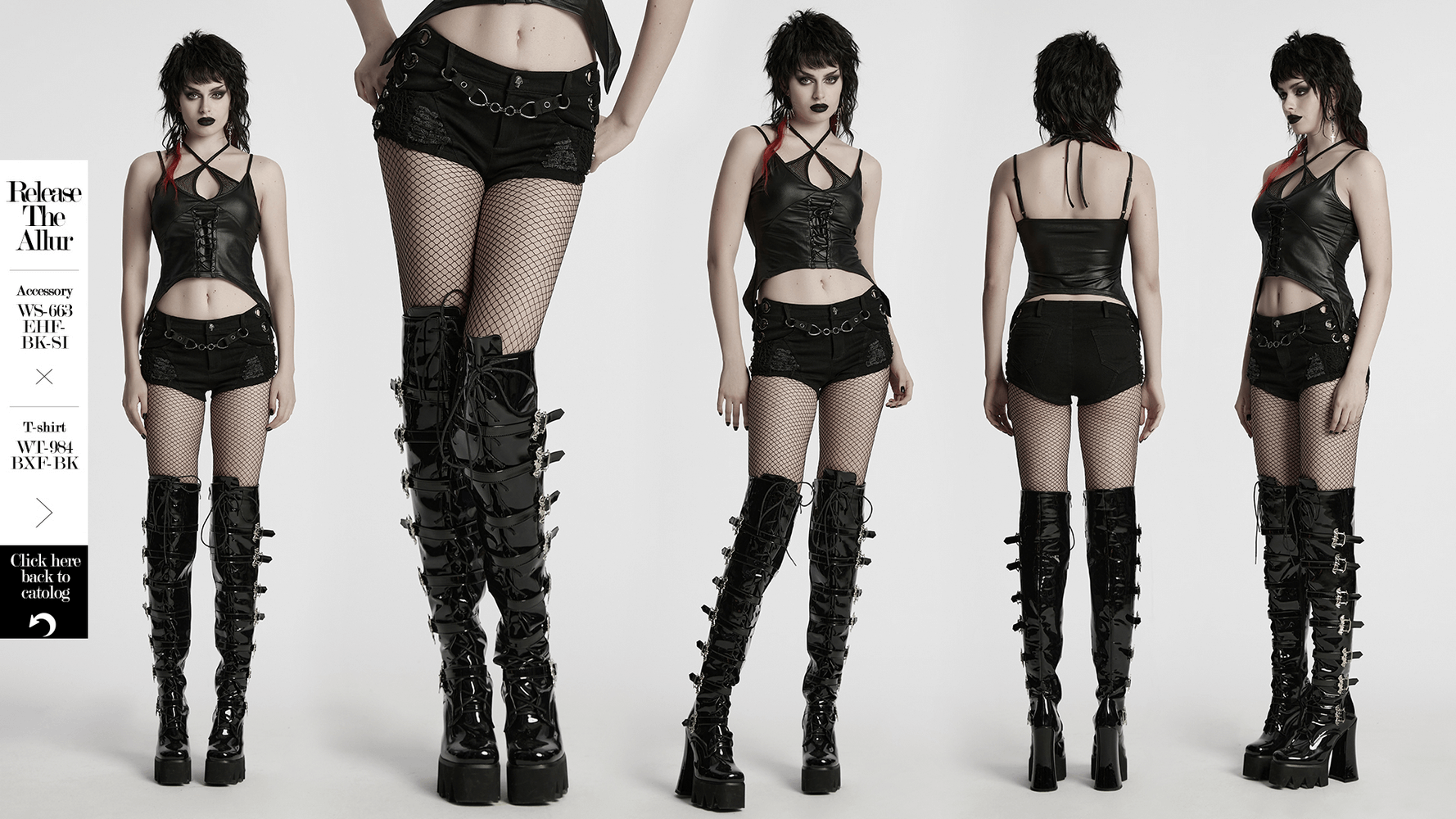 Punk sexy denim shorts with detachable chains, eyelets, and versatile styling options.