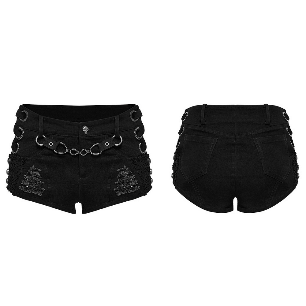 Edgy black sexy denim shorts with detachable chain and metal eyelets, featuring distressed detailing and pockets.