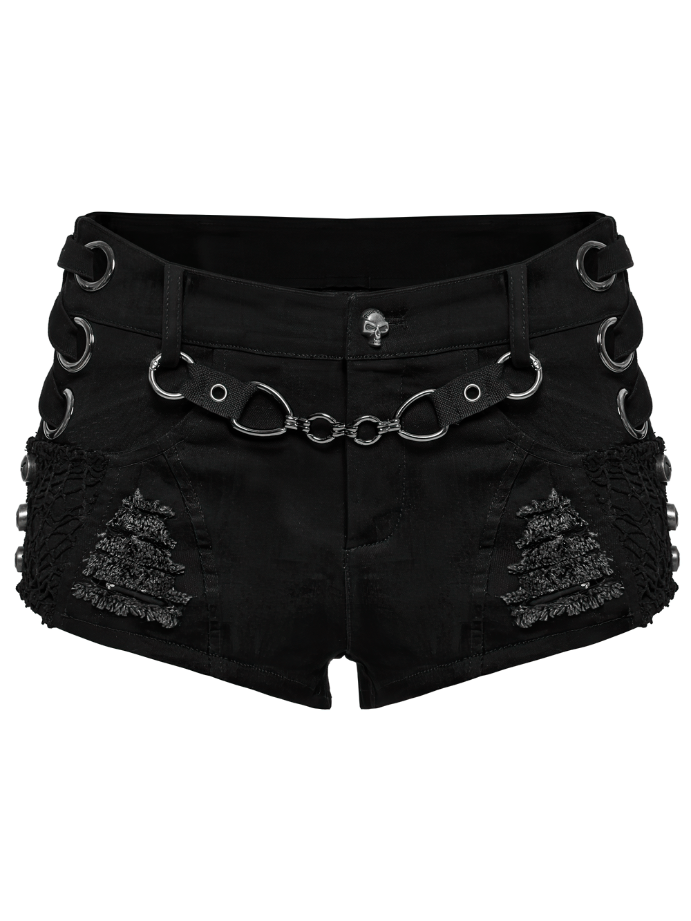 Punk sexy denim shorts with detachable chain, metal eyelets, and distressed detailing.