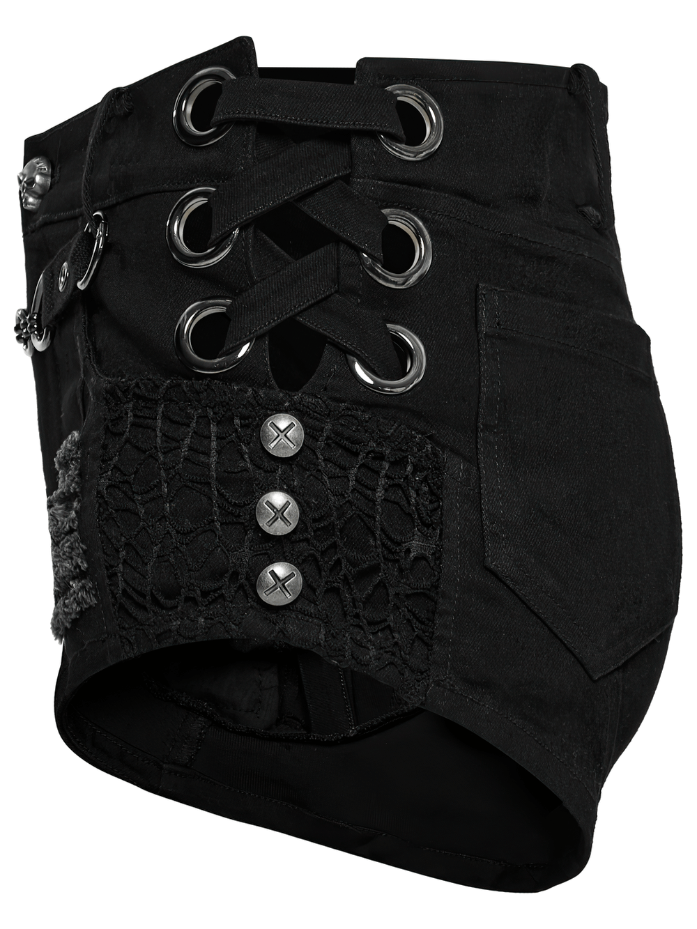 Stylish black punk denim shorts with lace-up front, eyelets, and decorative buttons for an edgy look.