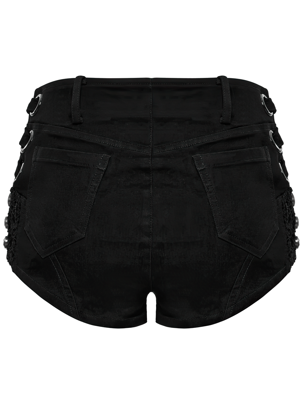 Back view of sexy punk denim shorts featuring detachable chains and eyelets, perfect for edgy summer style.