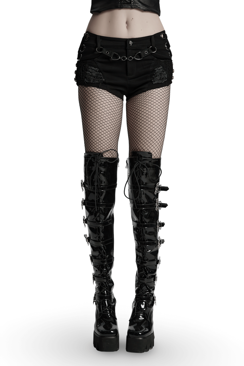 Punk sexy denim shorts with detachable chain, black fishnet stockings, and stylish knee-high platform boots.