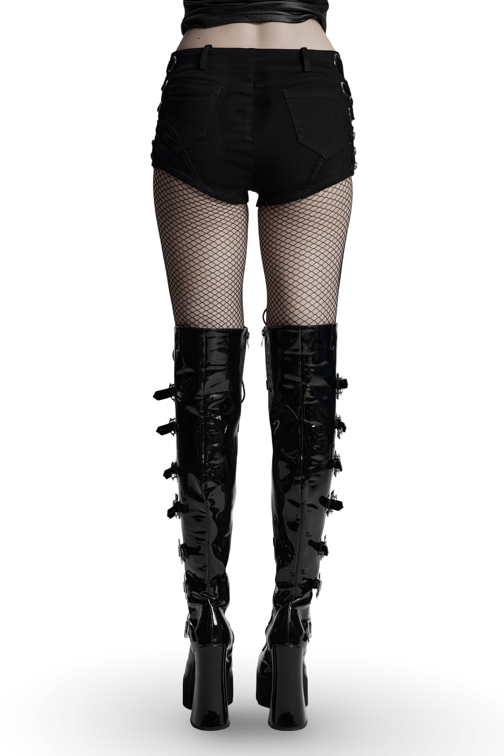 Punk sexy denim shorts with fishnet tights and stylish over-the-knee boots, showcasing an edgy fashion look.