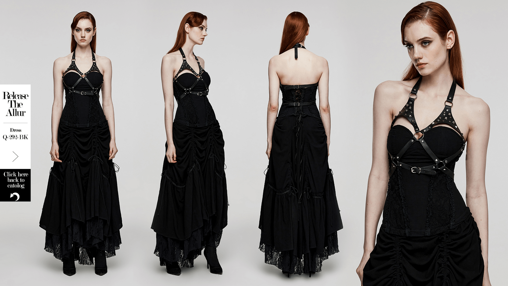 Model wearing spike-studded faux leather halter neck punk harness with long black dress, showcasing an edgy rockstar style.