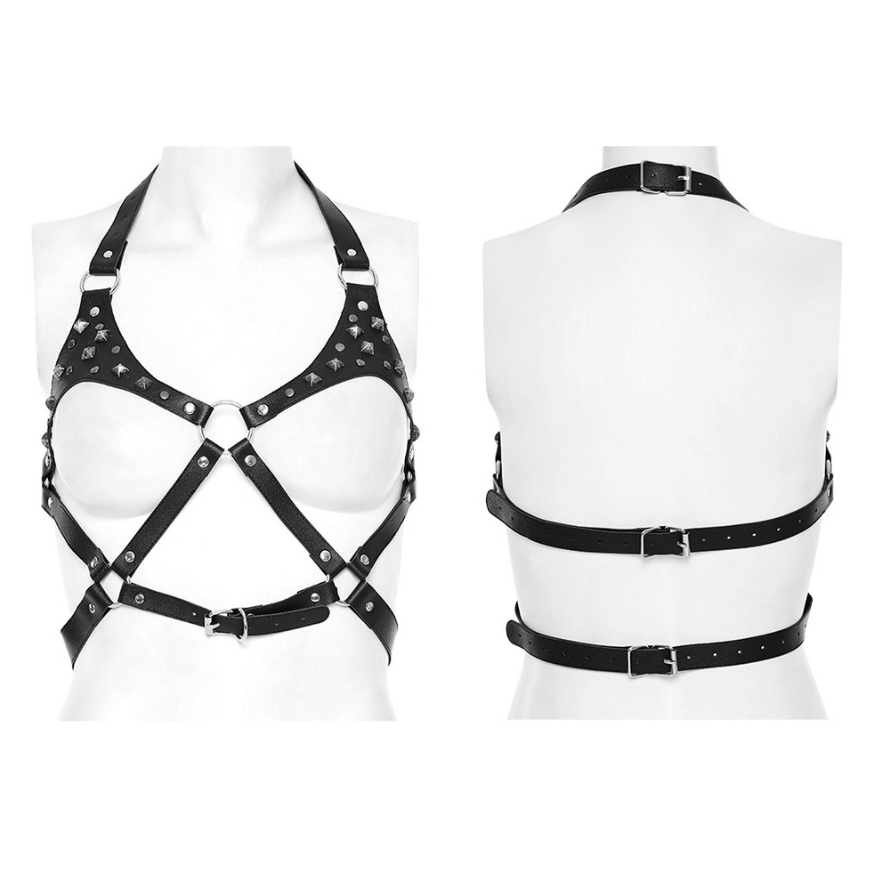 Spike studded faux leather punk harness with halter neck and adjustable straps, showcasing edgy rockstar style and metal rings.