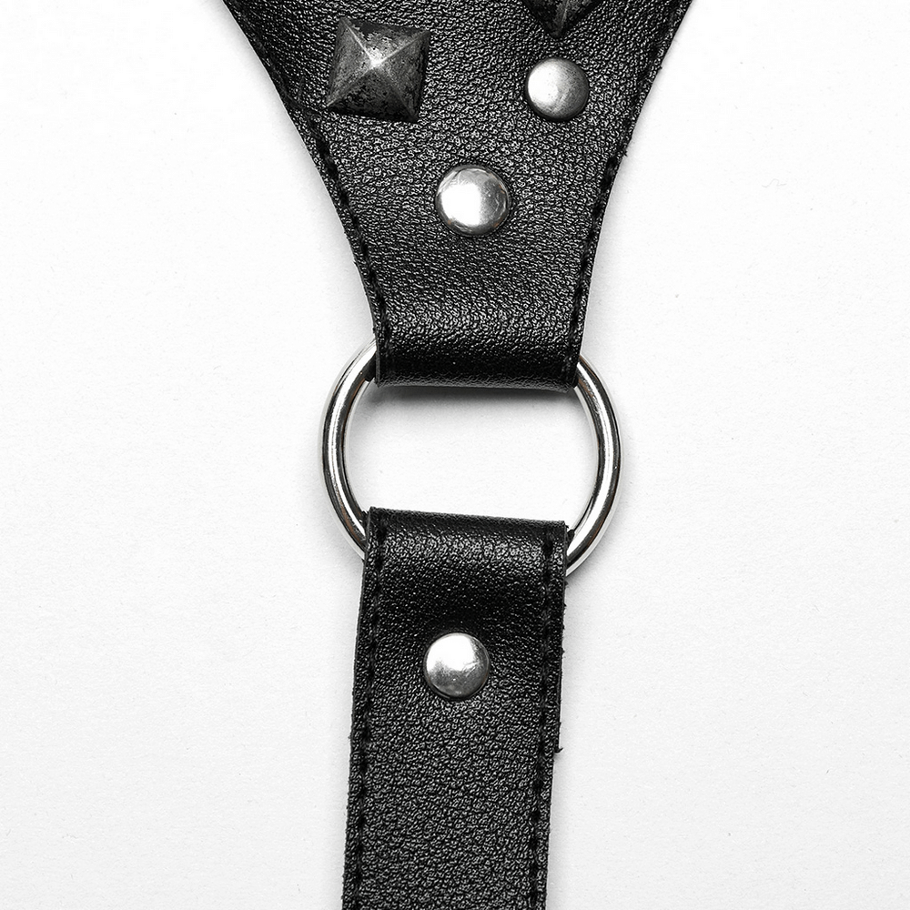 punk-style faux leather harness with metal ring and studded spikes
