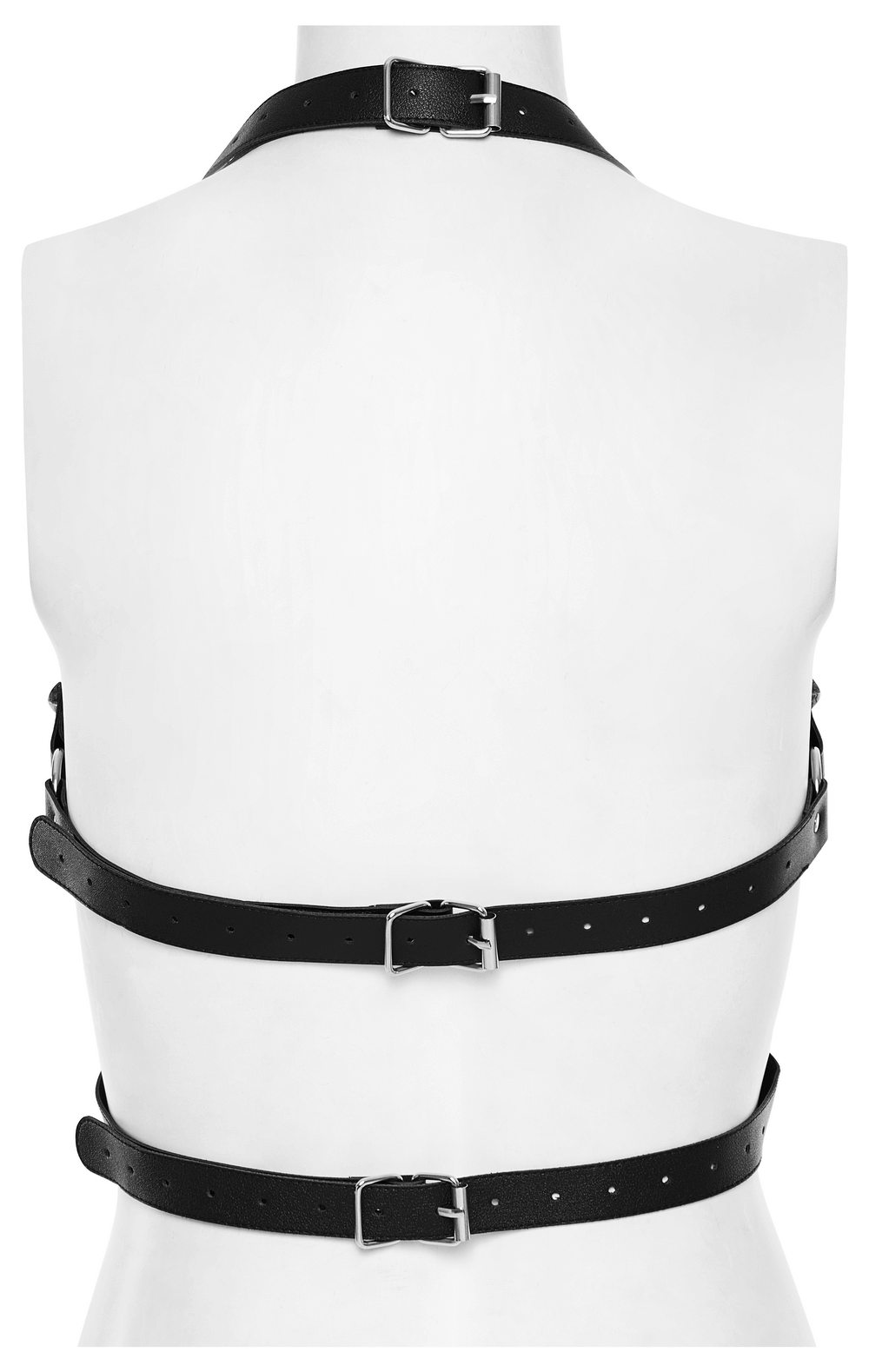 Back view of punk faux leather harness with adjustable buckle straps and metal rings for a bold, edgy look.