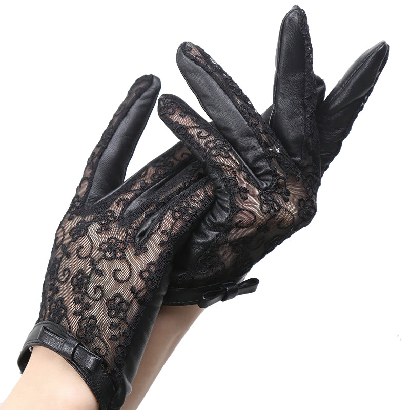 Stylish black lace and leather gloves with bow, perfect for vintage fashion lovers and elegant night outings.