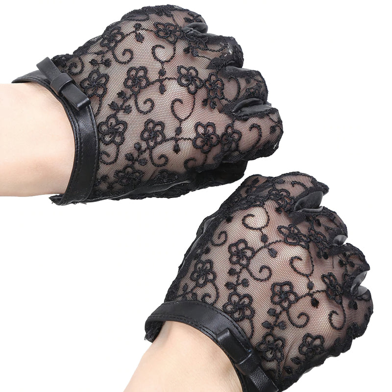 Trendy women's genuine leather gloves with black lace and bow for elegant fashion. Perfect for classy outfits and special nights.